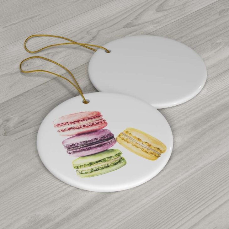 Macarons Christmas Ceramic Ornament, 2.75 Inches Round — Dessert Watercolor Art