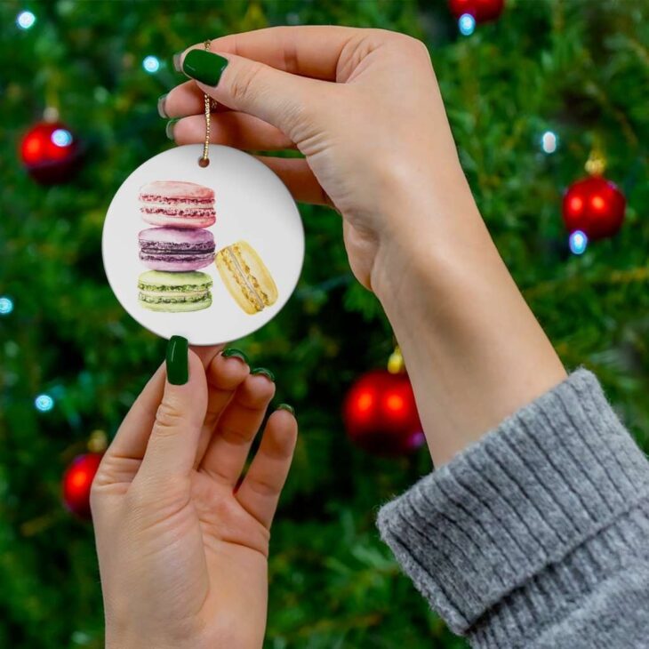 Macarons Christmas Ceramic Ornament, 2.75 Inches Round — Dessert Watercolor Art
