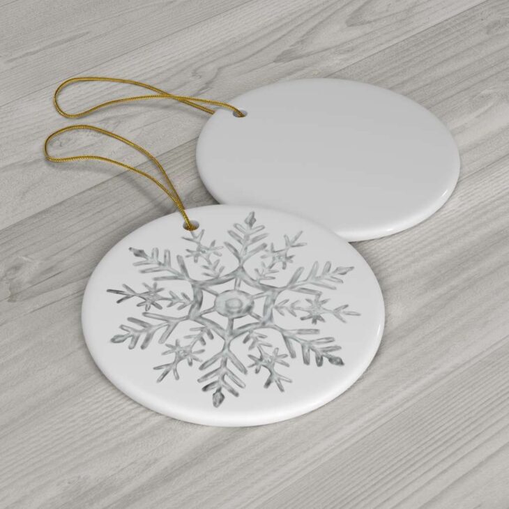 Snowflake Christmas Ceramic Ornament, 2.75 Inches Round — Winter Watercolor Art