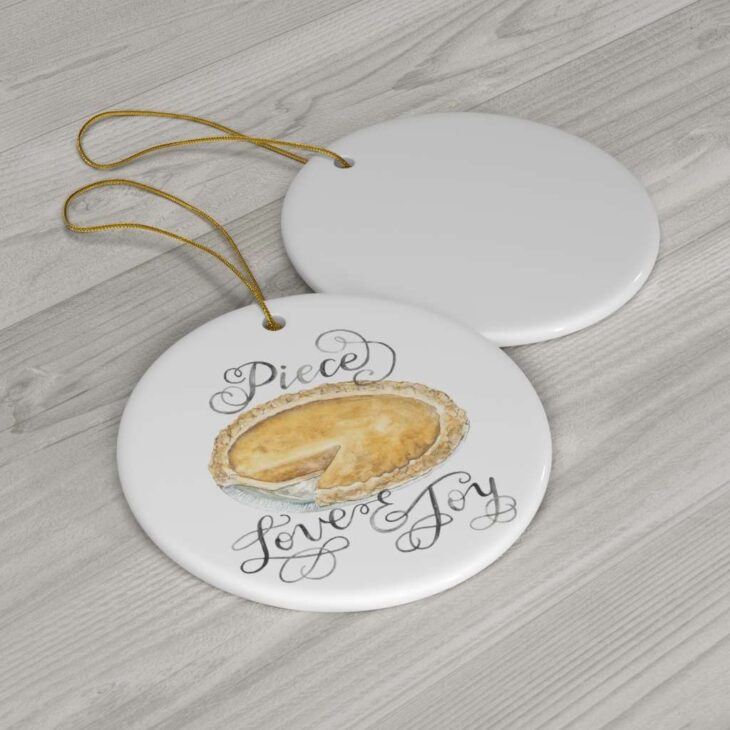 Piece Love Joy Christmas Ceramic Ornament, 2.75 Inches Round — Pumpkin Pie Watercolor Art