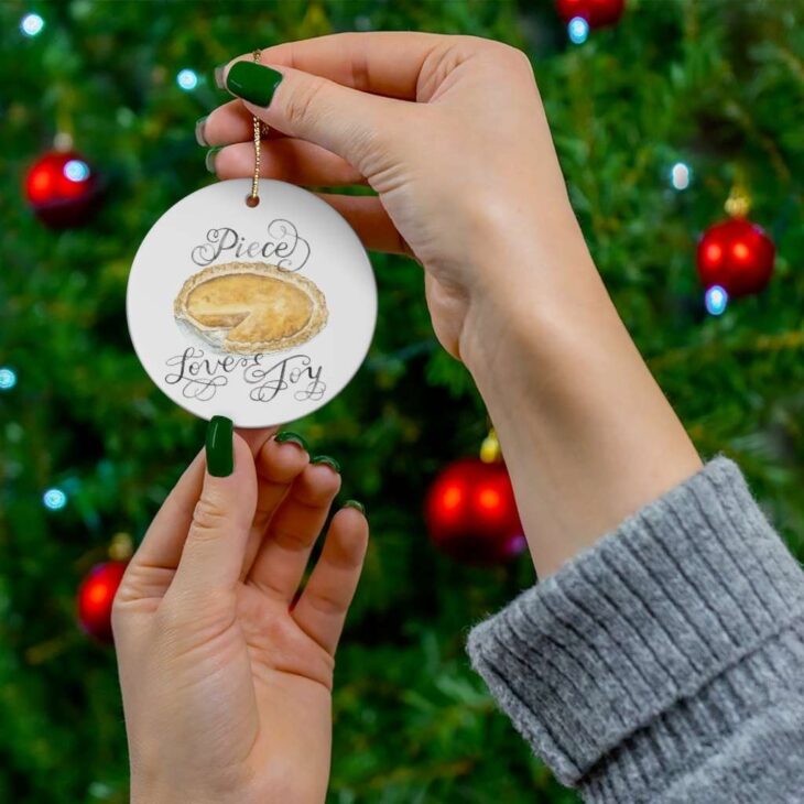 Piece Love Joy Christmas Ceramic Ornament, 2.75 Inches Round — Pumpkin Pie Watercolor Art