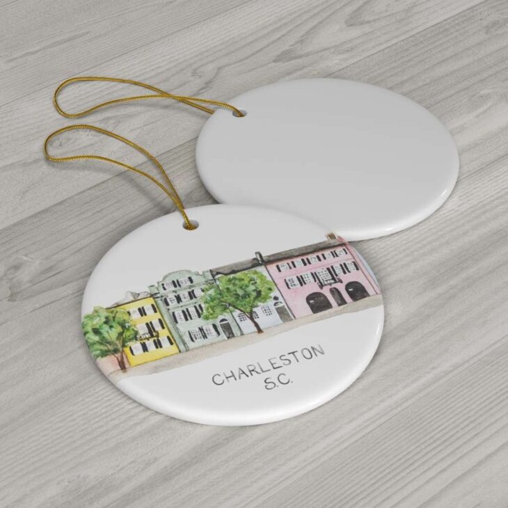 Charleston South Carolina Rainbow Row Ceramic Ornament, 2.75 Inches Round — Hometown Watercolor Art