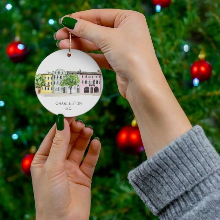 Charleston South Carolina Rainbow Row Ceramic Ornament, 2.75 Inches Round — Hometown Watercolor Art