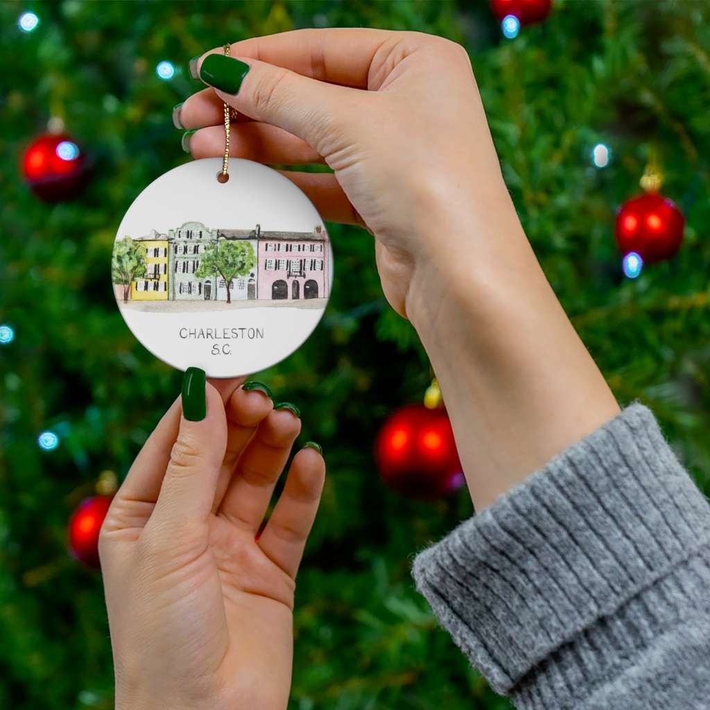Charleston South Carolina Rainbow Row Ceramic Ornament, 2.75 Inches Round — Hometown Watercolor Art