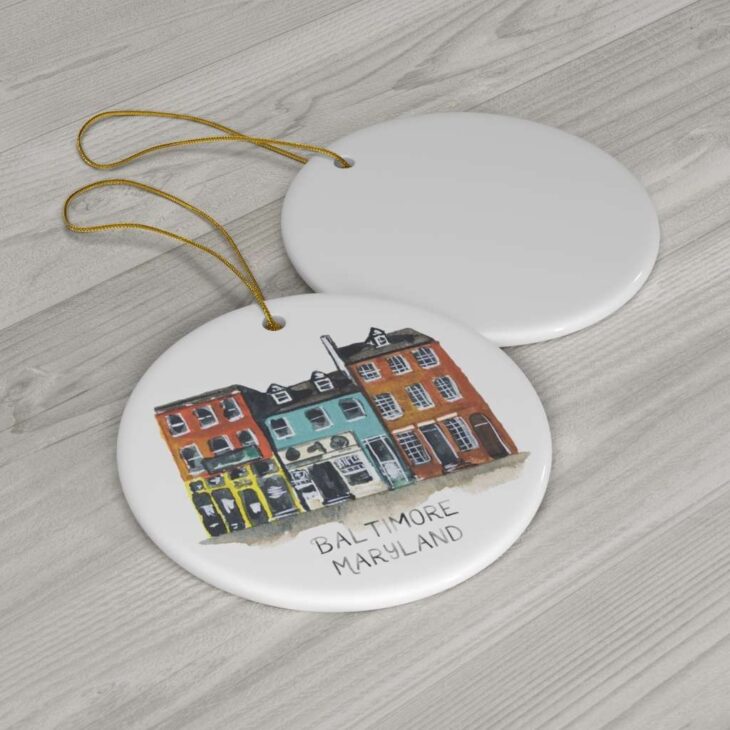 Baltimore Maryland Fells Point Ceramic Ornament, 2.75 Inches Round — Hometown Watercolor Art