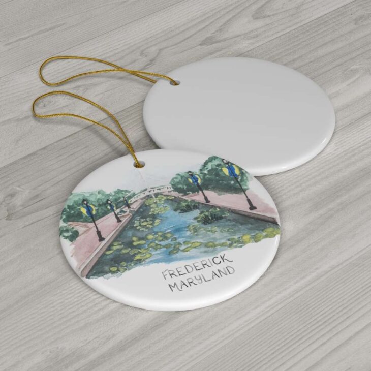 Frederick Maryland Carroll Creek Ceramic Ornament, 2.75 Inches Round — Hometown Watercolor Art