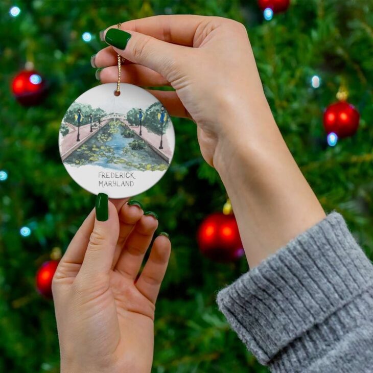 Frederick Maryland Carroll Creek Ceramic Ornament, 2.75 Inches Round — Hometown Watercolor Art