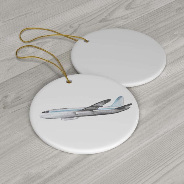 Airplane Ceramic Ornament, 2.75 Inches Round — Travel Watercolor Art