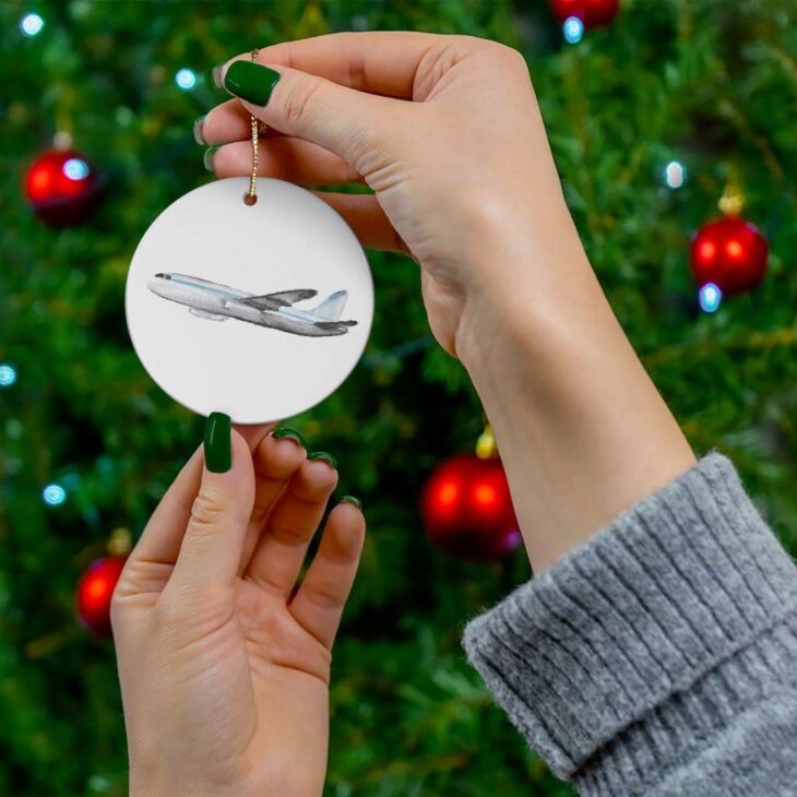 Airplane Ceramic Ornament, 2.75 Inches Round — Travel Watercolor Art