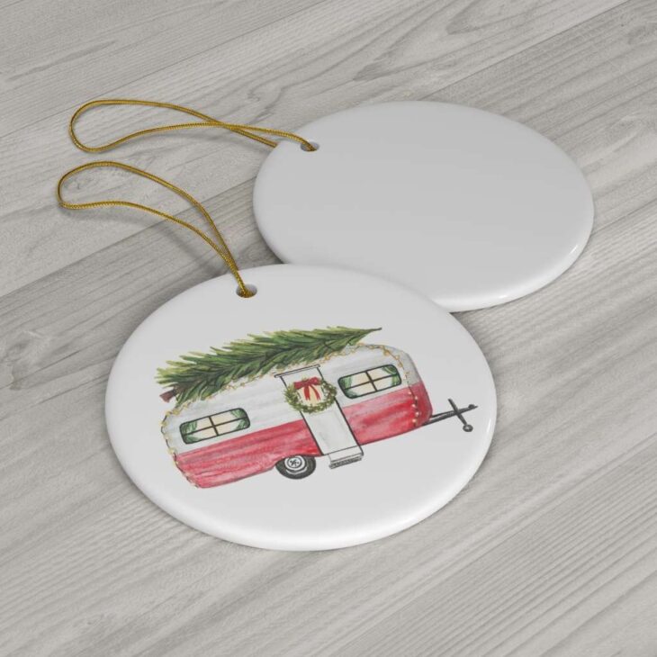 Christmas Camper Ceramic Ornament, 2.75 Inches Round — Rustic Watercolor Art