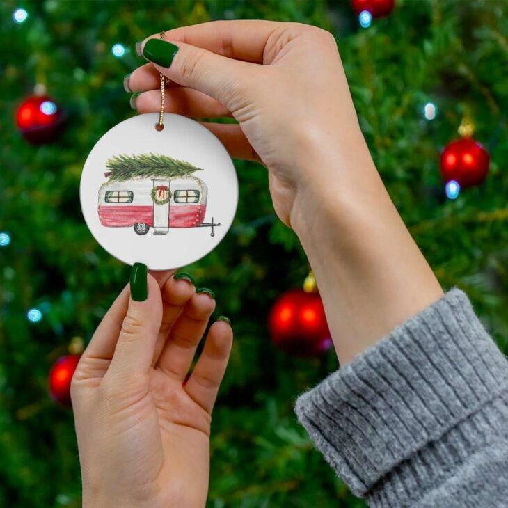 Christmas Camper Ceramic Ornament, 2.75 Inches Round — Rustic Watercolor Art