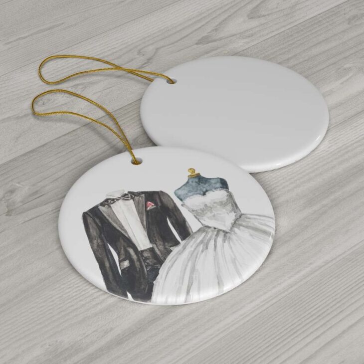 Wedding Dress and Tuxedo Ceramic Ornament, 2.75 Inches Round — Wedding Watercolor Art