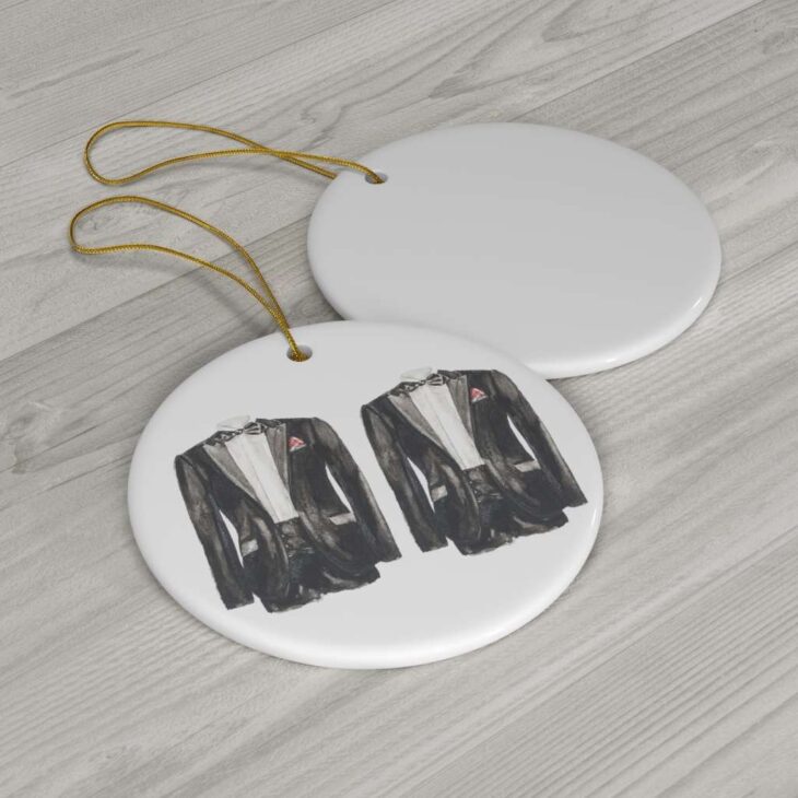 Two Grooms Tuxedo Ceramic Ornament, 2.75 Inches Round — Wedding Watercolor Art