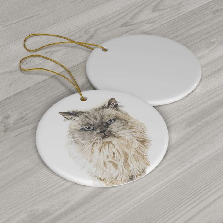 Himalayan Cat Ceramic Ornament, 2.75 Inches Round — Cat Watercolor Art