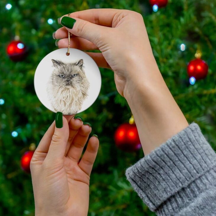 Himalayan Cat Ceramic Ornament, 2.75 Inches Round — Cat Watercolor Art