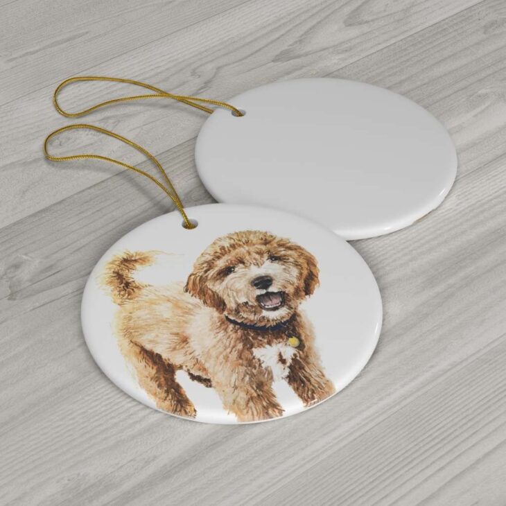 Golden Doodle Ceramic Ornament, 2.75 Inches Round — Dog Watercolor Art
