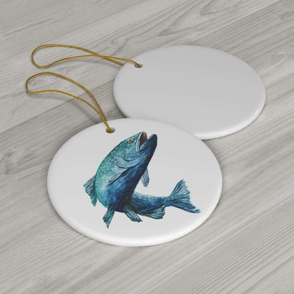 Bluefish Ceramic Ornament, 2.75 Inches Round — Fish Watercolor Art