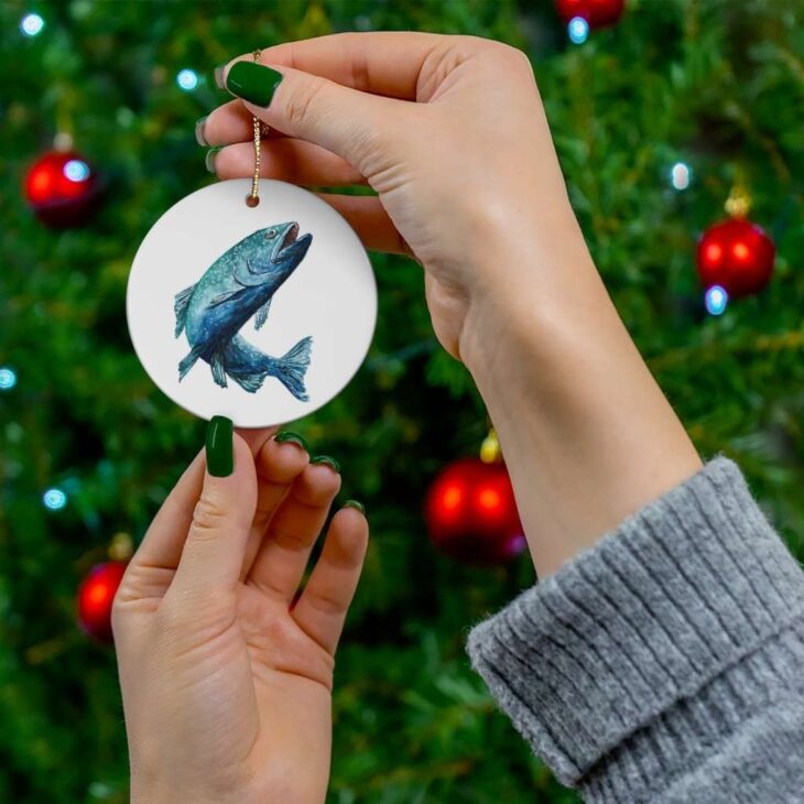 Bluefish Ceramic Ornament, 2.75 Inches Round — Fish Watercolor Art