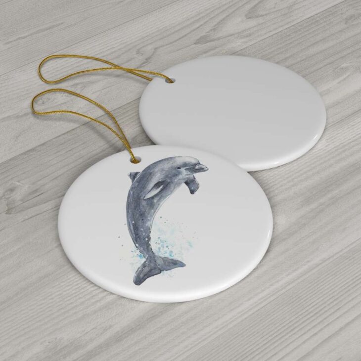 Dolphin Ceramic Ornament, 2.75 Inches Round — Dolphin Watercolor Art