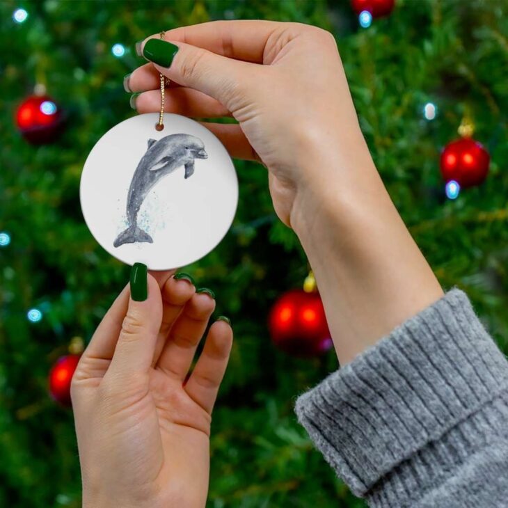 Dolphin Ceramic Ornament, 2.75 Inches Round — Dolphin Watercolor Art