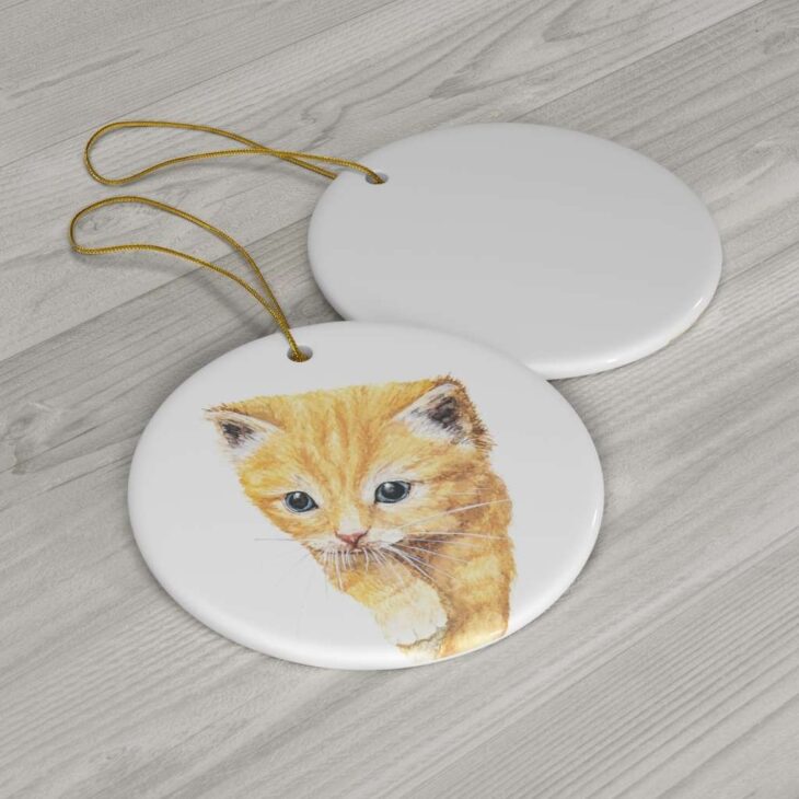 Orange Tabby Kitten Ceramic Ornament, 2.75 Inches Round — Cat Watercolor Art