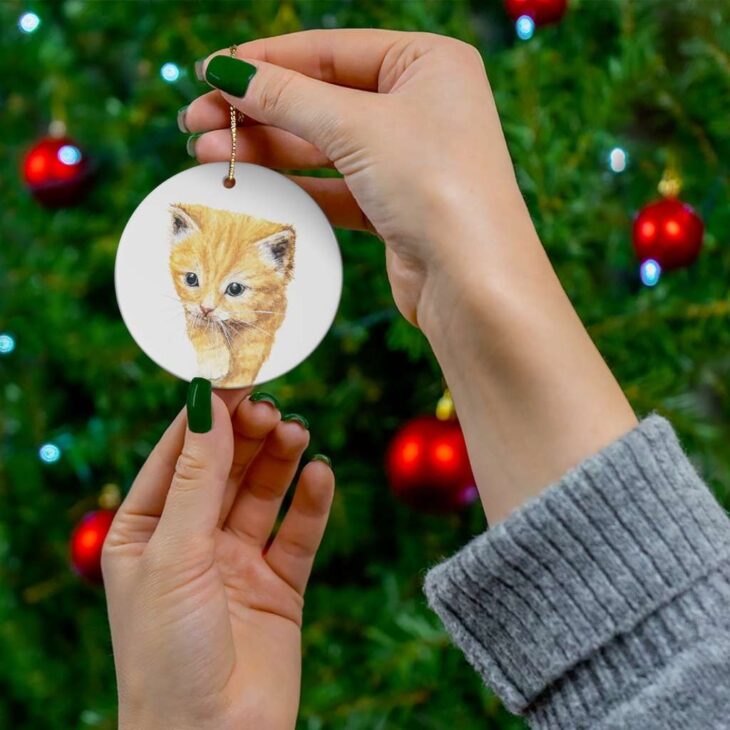Orange Tabby Kitten Ceramic Ornament, 2.75 Inches Round — Cat Watercolor Art