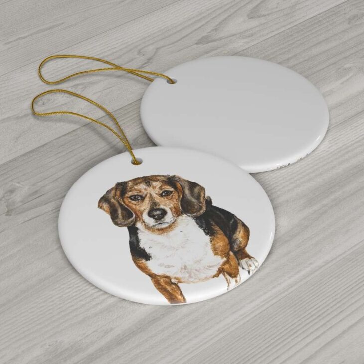 Beagle Ceramic Ornament, 2.75 Inches Round — Dog Watercolor Art