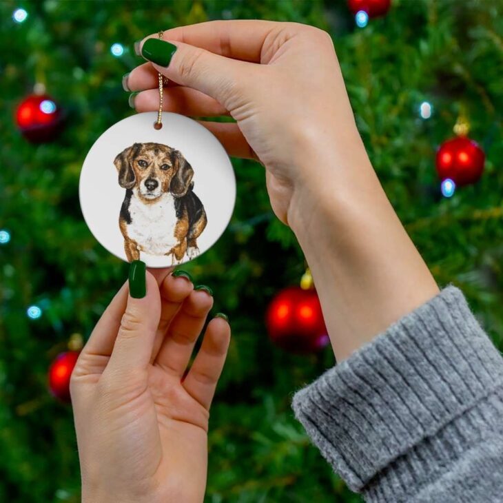 Beagle Ceramic Ornament, 2.75 Inches Round — Dog Watercolor Art