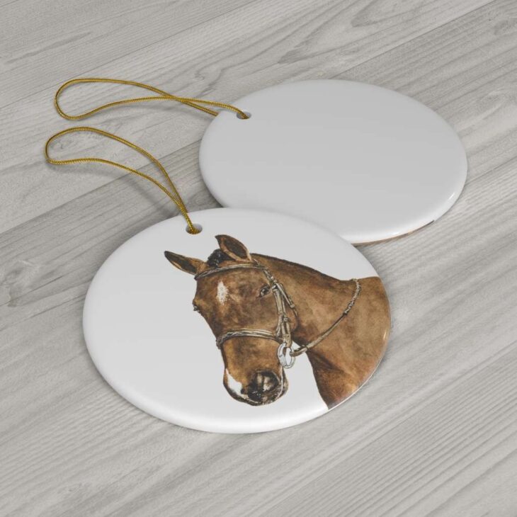 Chestnut Brown Horse Ceramic Ornament, 2.75 Inches Round — Horse Watercolor Art