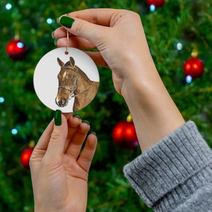 Chestnut Brown Horse Ceramic Ornament, 2.75 Inches Round — Horse Watercolor Art