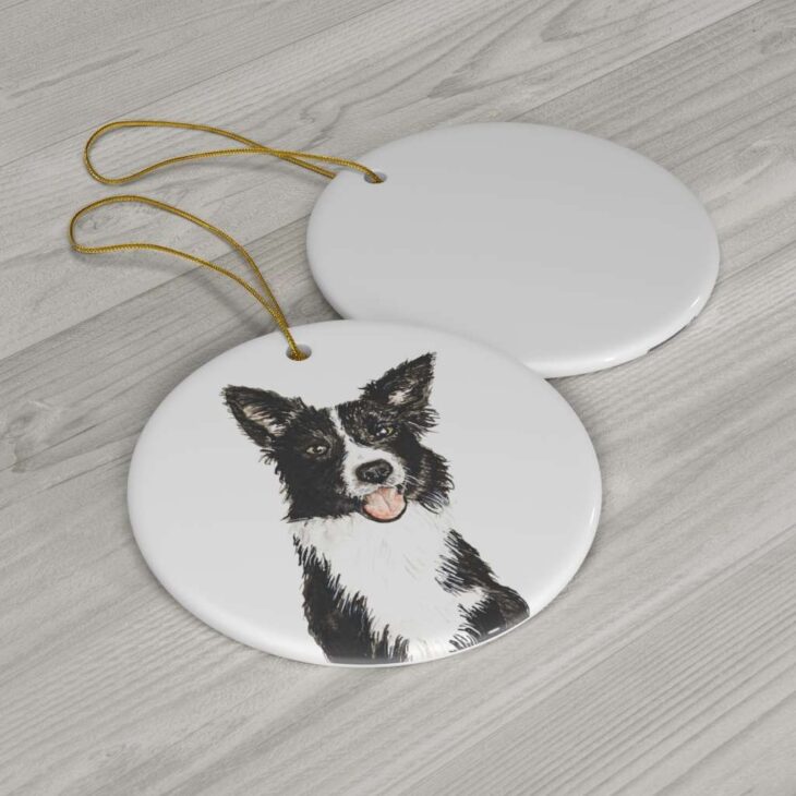 Border Collie Ceramic Ornament, 2.75 Inches Round — Dog Watercolor Art