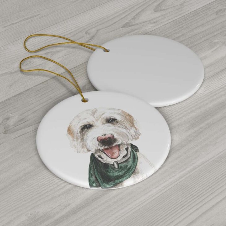 White Maltese Dog Ceramic Ornament, 2.75 Inches Round — Dog Watercolor Art