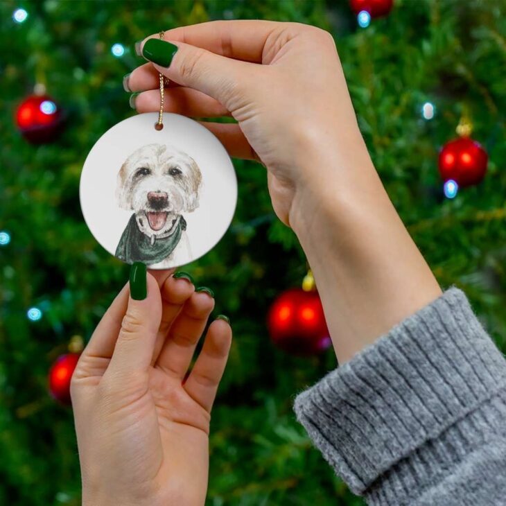 White Maltese Dog Ceramic Ornament, 2.75 Inches Round — Dog Watercolor Art