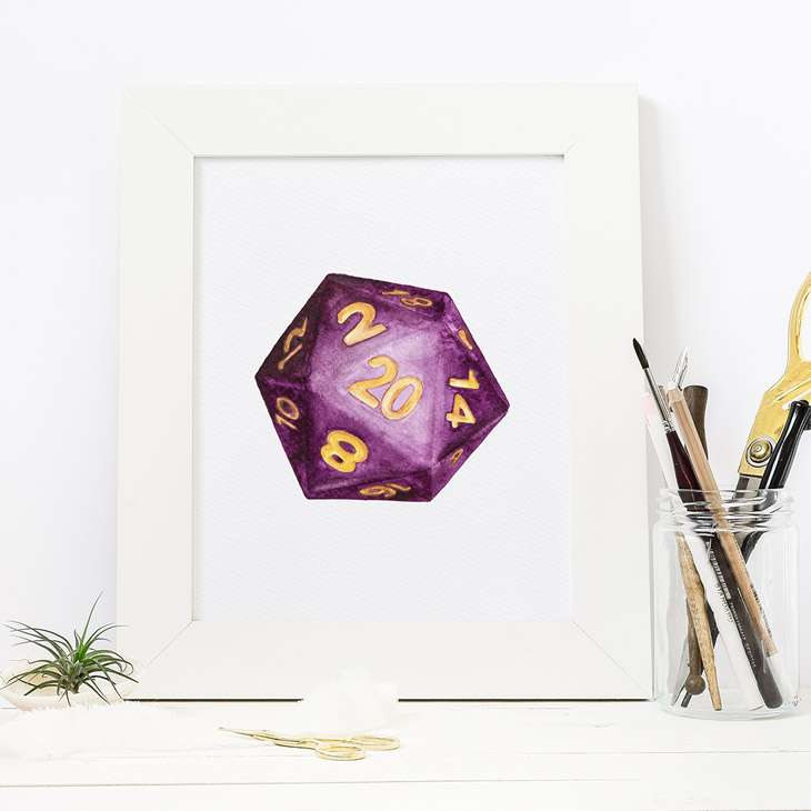 Image of a framed painting of a purple D20 dice.