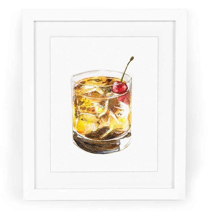 Image of a watercolor painting of a bourbon in watercolor | Original artwork painted in watercolor by CharmCat | charmcat.net
