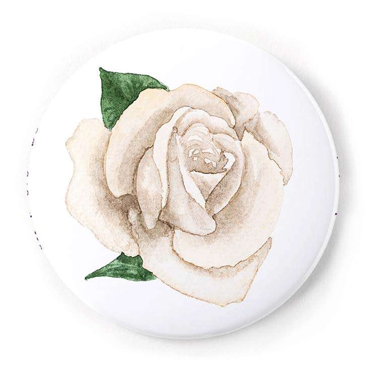 Image of a pin-back button of a rose in watercolor | Original greeting cards painted in watercolor by CharmCat | charmcat.net