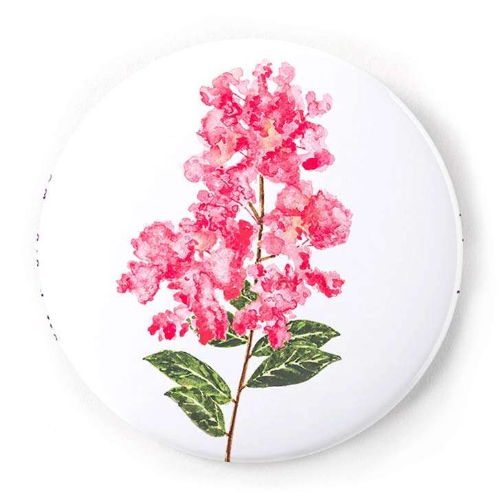 Image of a pin-back button of a crepe myrtle branch in watercolor | Original greeting cards painted in watercolor by CharmCat | charmcat.net