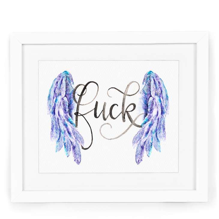 Image of an art print saying “fuck” with wings in watercolor | Original greeting cards painted in watercolor by CharmCat | charmcat.net