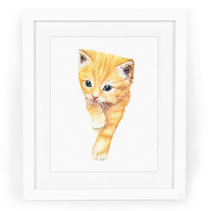 Image of a watercolor painting of an orange tabby kitten in watercolor | Original artwork painted in watercolor by CharmCat | charmcat.net