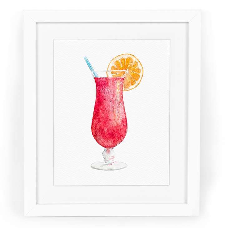 Image of a watercolor painting of a hurricane mixed drink in watercolor | Original artwork painted in watercolor by CharmCat | charmcat.net