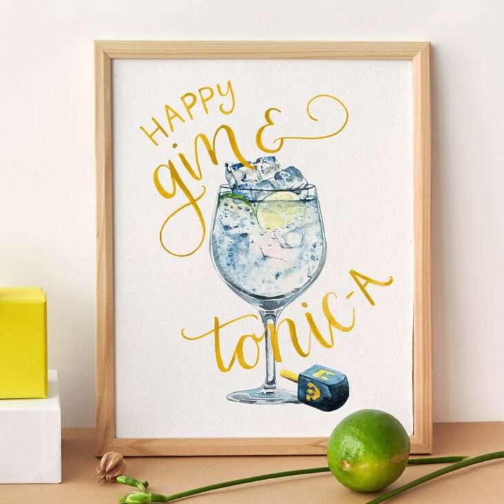 Gin And Tonic-A Watercolor Fine Art Giclee Print — 5x7, 8x10, or 11x14 Funny Hanukkah Decor