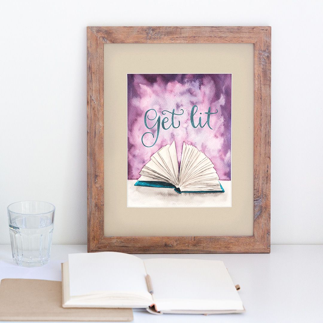 Get Lit Fine Art Print — 5x7, 8x10, or 11x14 Literary Book Pun Watercolor Giclee