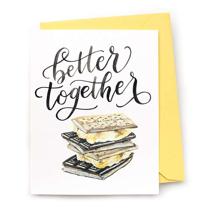 Image of a hand-lettered watercolor card saying "better together" with toasted s'mores by CharmCat | charmcat.net
