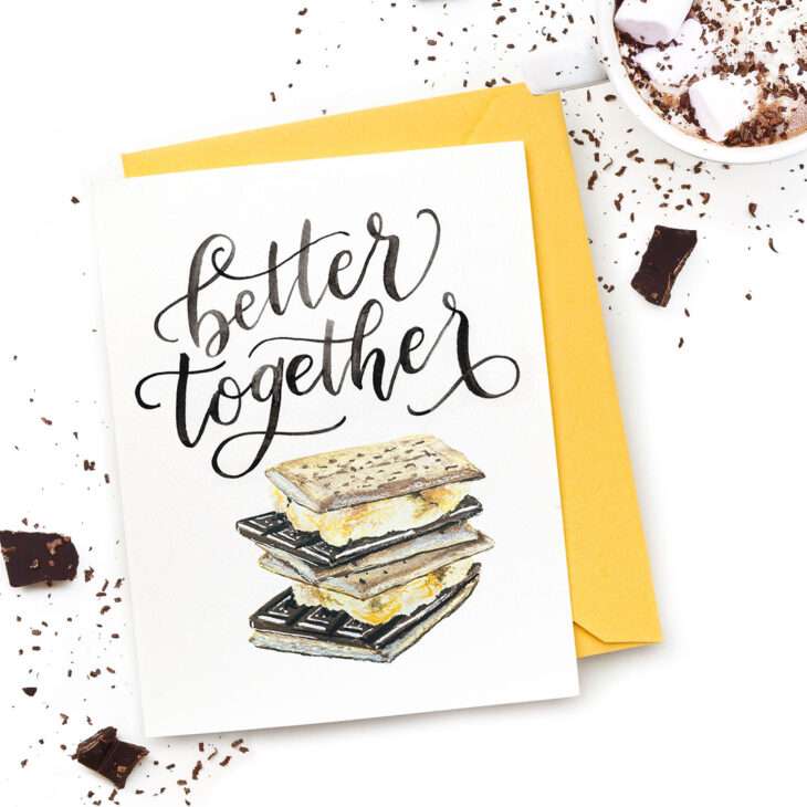 Image of a hand-lettered watercolor card saying "better together" with toasted s'mores by CharmCat | charmcat.net