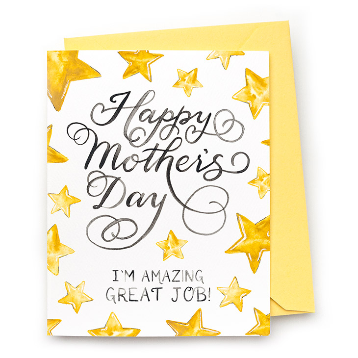Image of a hand-lettered watercolor card saying "Happy Mother's Day... I'm amazing. Great Job!" by CharmCat | charmcat.net