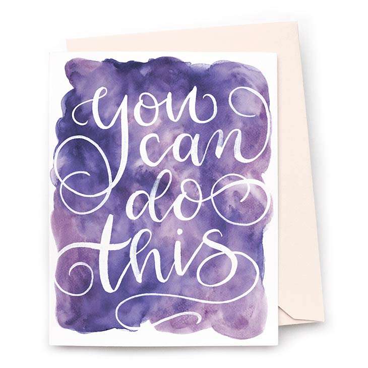 Image of a hand-lettered watercolor card saying “you can do this” with a purple watercolor background | Original greeting cards painted in watercolor by CharmCat | charmcat.net