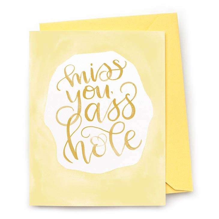 Image of a hand-lettered watercolor card saying “Miss you ass hole” | Original greeting cards painted in watercolor by CharmCat | charmcat.net