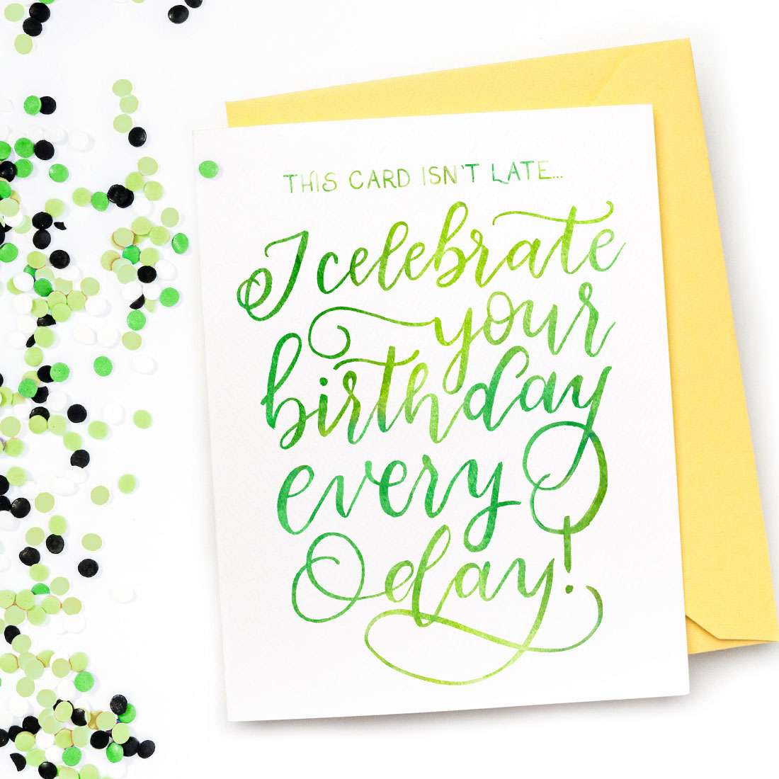 Image of a hand-lettered watercolor card saying "This card isn't late... I celebrate your birthday every day" by CharmCat | charmcat.net