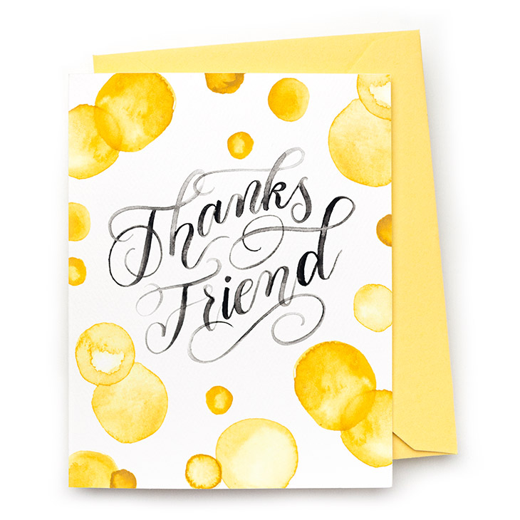 Image of a hand-lettered watercolor card saying "Thanks Friend" by CharmCat | charmcat.net