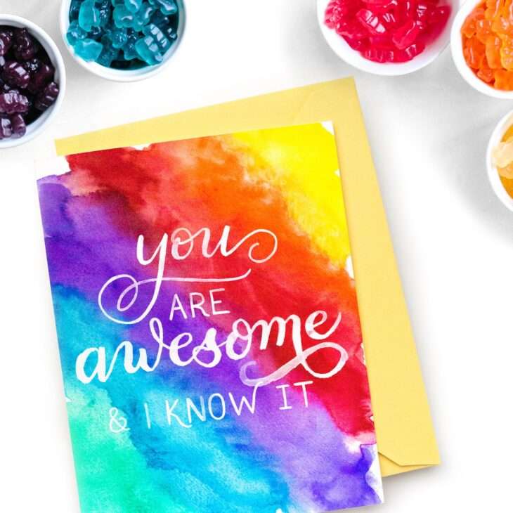 Image of a hand-lettered watercolor card saying "You are awesome and I know it" with rainbow colors by CharmCat | charmcat.net
